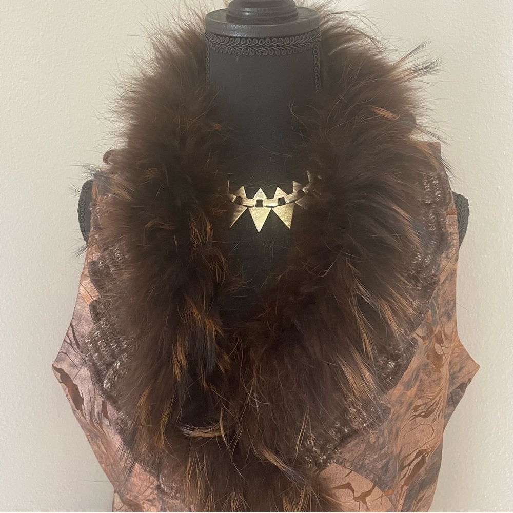 RARE VTG IDENTITY CLUB Camo Knit & FAUX Leather Feathers/Fur‎ Sweater Vest - Picture 2 of 16